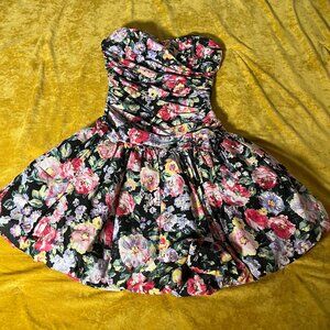Vintage 80's Strapless Runched Dress Floral Pattern Back Zip Womens Size M